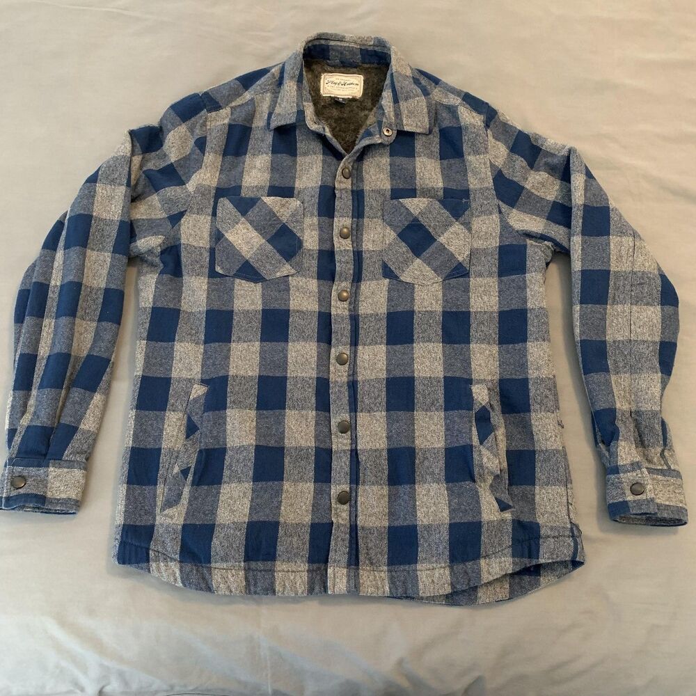 Flag & Anthem Jacket Mens Medium Blue Sherpa Flannel Shacket Buffalo Plaid Snap‎